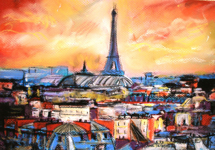 Caroline Degroiselle, Paris aux toits lumière du soir 3240-Pastel